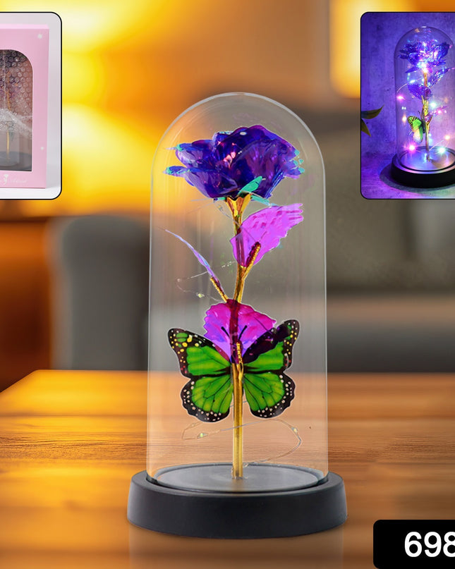 Led Preserved Rose With Colorful Butterfly In Plastic Dome (1 Pc  Mix Color)
