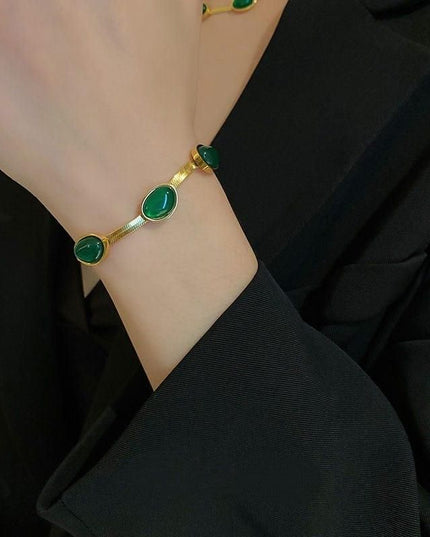 Oval Green Crystal Pendant Necklace Set With Bracelet