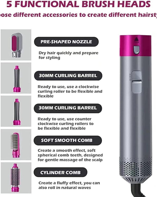 5 in 1 Multifunctional Hair Dryer Styling Tool, Detachable 5-in-1 Multi-Head Hot Air Comb, The Negative Ion Automatic Suction Hair Curler