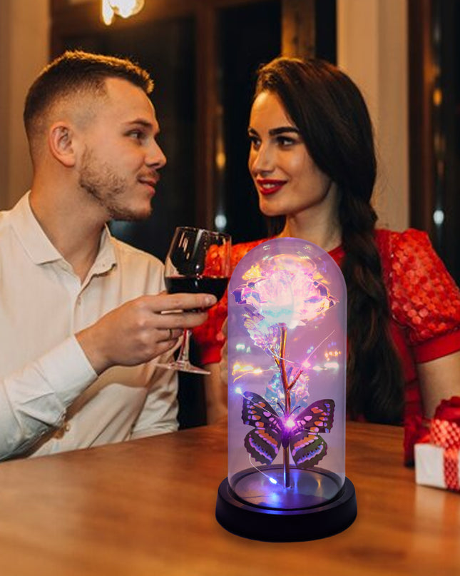Led Light-up Eternal Rose With Butterfly In Transparent Dome (1 Pc  Battery Not Included)