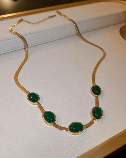 Oval Green Crystal Pendant Necklace Set With Bracelet