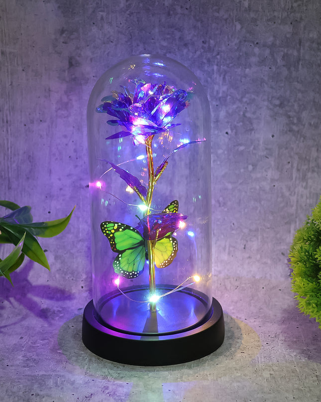 Led Preserved Rose With Colorful Butterfly In Plastic Dome (1 Pc  Mix Color)