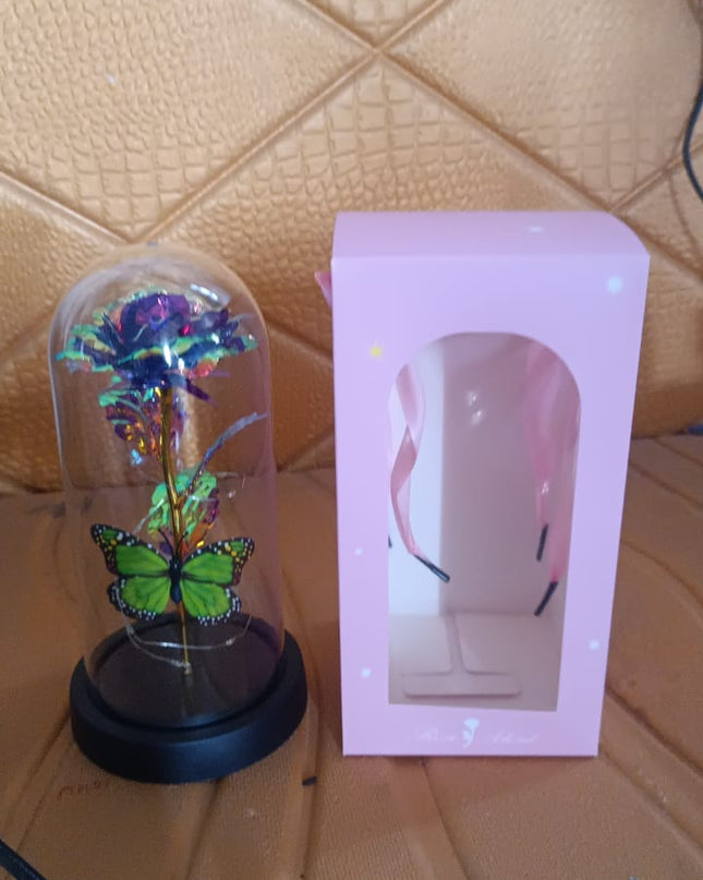 Led Preserved Rose With Colorful Butterfly In Plastic Dome (1 Pc  Mix Color)