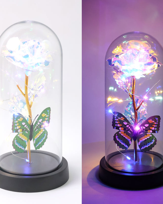 Led Light-up Eternal Rose With Butterfly In Transparent Dome (1 Pc  Battery Not Included)