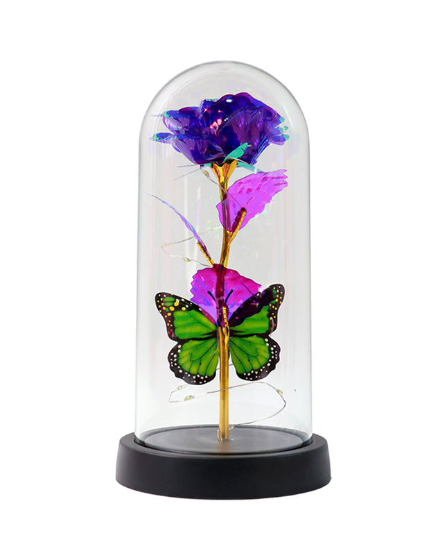 Led Preserved Rose With Colorful Butterfly In Plastic Dome (1 Pc  Mix Color)
