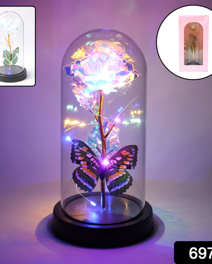 Led Light-up Eternal Rose With Butterfly In Transparent Dome (1 Pc  Battery Not Included)