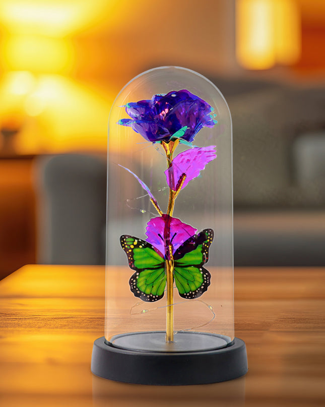Led Preserved Rose With Colorful Butterfly In Plastic Dome (1 Pc  Mix Color)