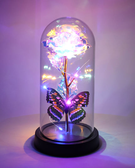 Led Light-up Eternal Rose With Butterfly In Transparent Dome (1 Pc  Battery Not Included)