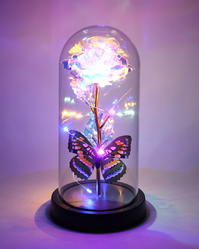 Led Light-up Eternal Rose With Butterfly In Transparent Dome (1 Pc  Battery Not Included)