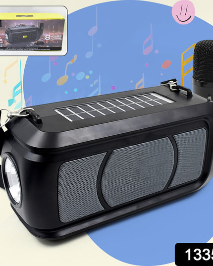 Wireless Bluetooth Speaker 5w High Bass With Wireless Mic  Microphone Led Torch Solar Charging Support Usb  Adjustable Strap (1 Set)