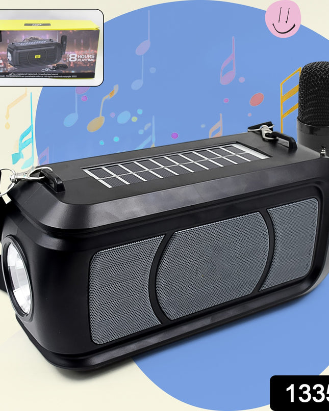 Wireless Bluetooth Speaker 5w High Bass With Wireless Mic  Microphone Led Torch Solar Charging Support Usb  Adjustable Strap (1 Set)
