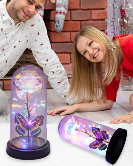 Led Light-up Eternal Rose With Butterfly In Transparent Dome (1 Pc  Battery Not Included)