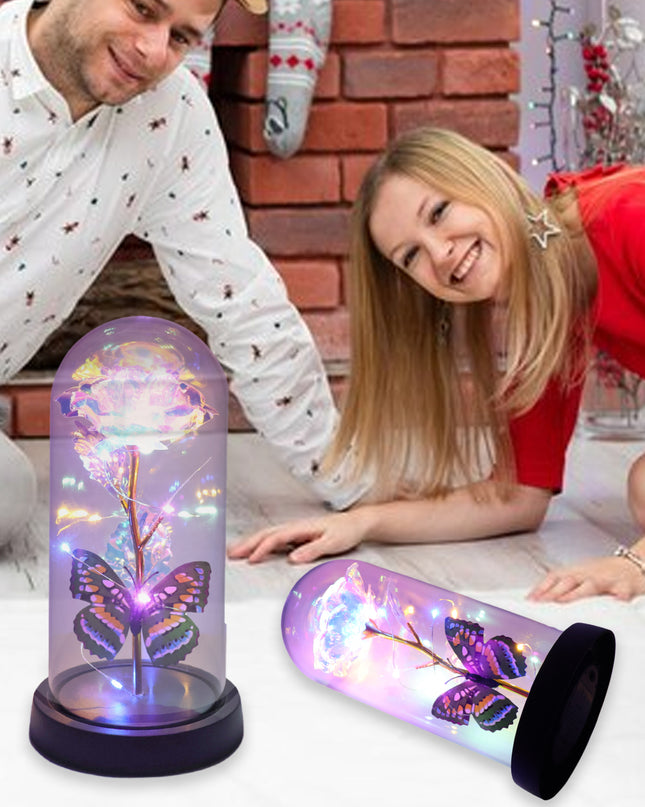 Led Light-up Eternal Rose With Butterfly In Transparent Dome (1 Pc  Battery Not Included)