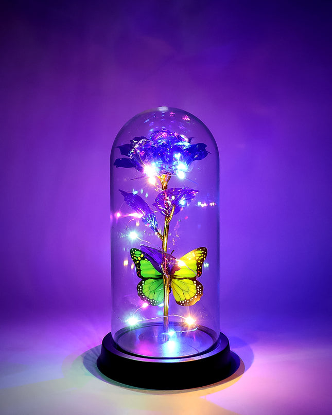 Led Preserved Rose With Colorful Butterfly In Plastic Dome (1 Pc  Mix Color)